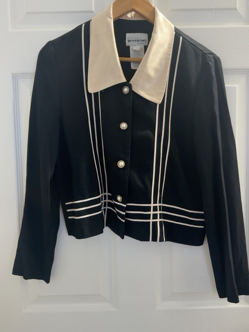 Perceptions Black Jacket with Cream Trim and Pearl Buttons